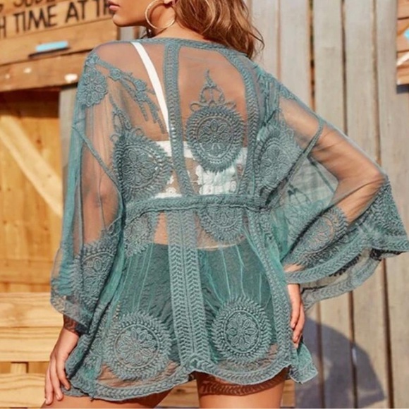 Sheer mesh lace boho blouse embroidered blue batwing sleeve OS loose fit SP230 - Picture 14 of 14